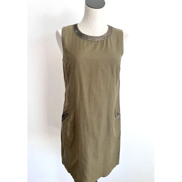 LOFT | Dresses | Loft Ann Taylor Shift Dress Size 6 Army Green Sleeveless  Sequins Silk Blend | Poshmark